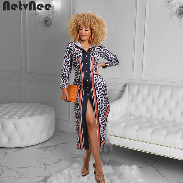 

casual dresses aetvnee leopard print midi dress women vestidos fall full sleeve single breasted splited straight party vintage outfits, Black;gray