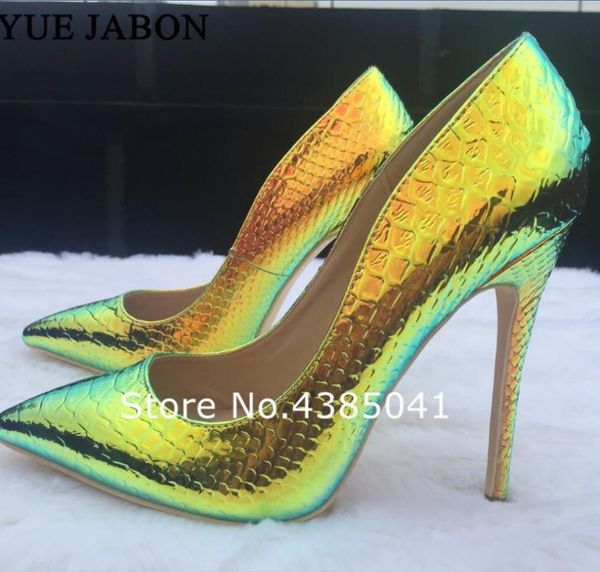 

color change 12cm/10cm/8cm yellow snake pointed toe prom party shoes woman big size women high heel wedding pumps dress, Black