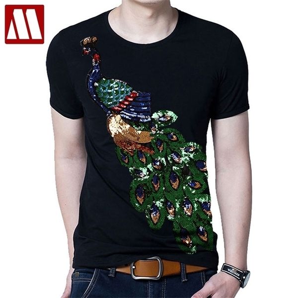 Verão elegante t-shirt homens peacock lantejoulas lantejoulas camisetas homens moda novo algodão tops camiseta macho sakura roupas 210409