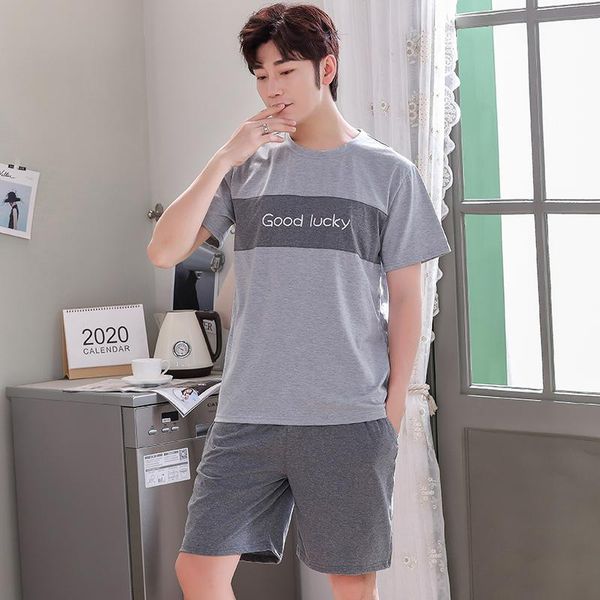 

men's sleepwear o-neck full cotton mens summer short sleeve shorts pajamas set big size l-4xl leisure suits nightwear men pijamas, Black;brown