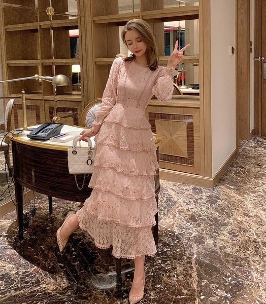 

casual dresses elegant long sleeve party autumn boho dress high waist 2021 runway women vintage spring a-line embridery lace luxury, Black;gray