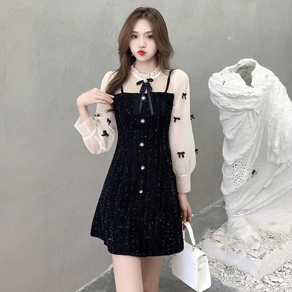 

casual dresses bowknot net yarn long sleeve stitching butterfly brooch lotus leaf collar sequin dress 2021 autumn winter formal party, Black;gray