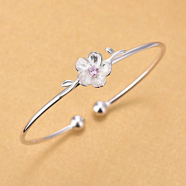 

fashion cherry blossoms net red adjustable bracelets pink purple crystal flower opening bangles jewelry for girl female gift q0719, Black