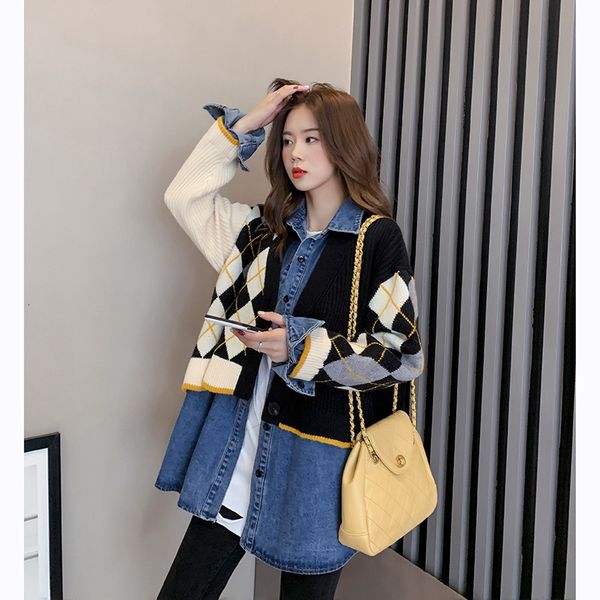 

women's jackets superaen jacket korean jeans releases two pieces, female patchwork sweater, retro fashion for fall and winter h5h8, Black;brown