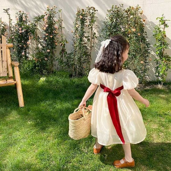 

summer fashion little princess voile party dress girls puff sleeve back red bowknot bling cool dresses 210615, Red;yellow