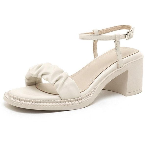 

sandals concise women 2021 summer est pleated genuine leather for girls wedding thick high heels shoes woman, Black