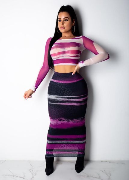 

women's tracksuits fashion mesh printed long sleeve two-piece dress, Gray