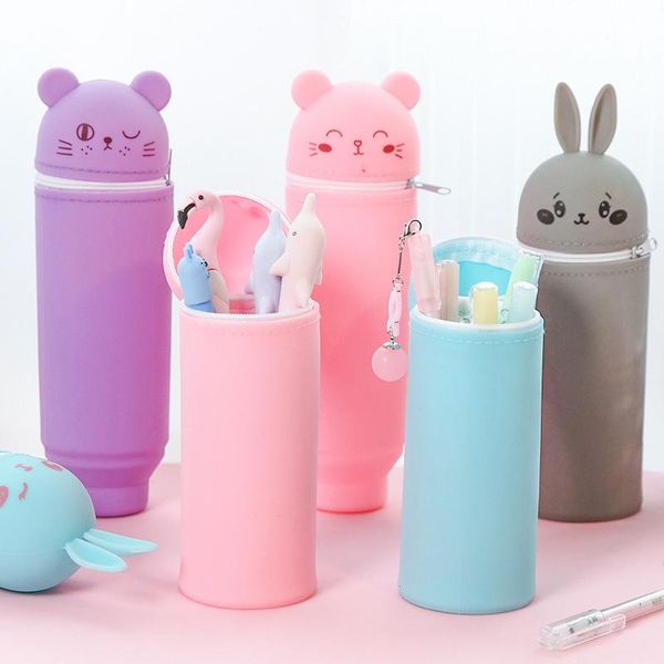 

1pc color random soft silicone elastic bear pencil case pen box bag student stationary storage kids supply bags