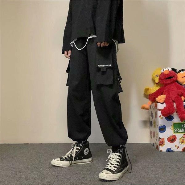 

men's pants casual nine-point harajuku ins trend overalls simple fashion literary, Black