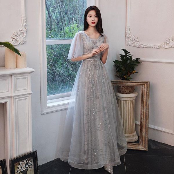 

exquisite appliques sequins trim elegant prom dresses women sweet mesh evening party dress gray temperament long banquet gown ethnic clothin, Red
