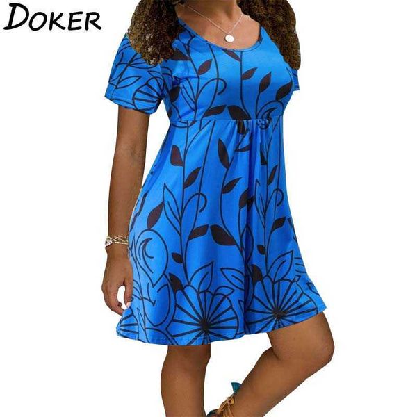 

plant print o neck short sleeved mini dres casual plus size party beach female vintage vestido de mujer 210604, Black;gray