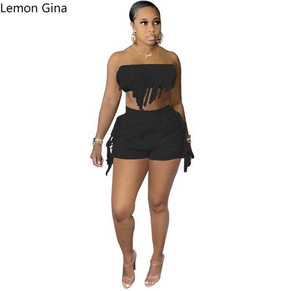 

women's tracksuits lemon gina solid color strapless tassel fashion back shorts 2 pieces, Gray