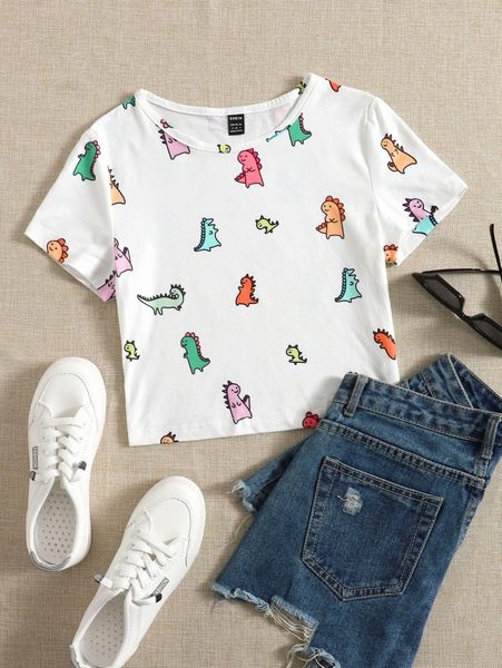 

cartoon dinosaur short sleeve tee t3x3#, White