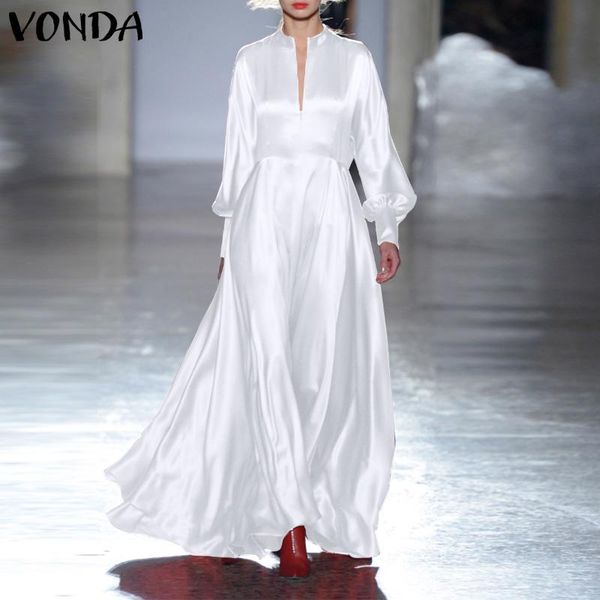

casual dresses satin dress vonda 2021 women long sleeve v neck high waist maxi robe bohemian vestidos s- sundress, Black;gray