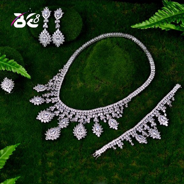 

earrings & necklace be 8 luxury women jewels elegant shape bridal cz bracelet ring 4pcs big wedding jewelry sets for bride s040, Silver