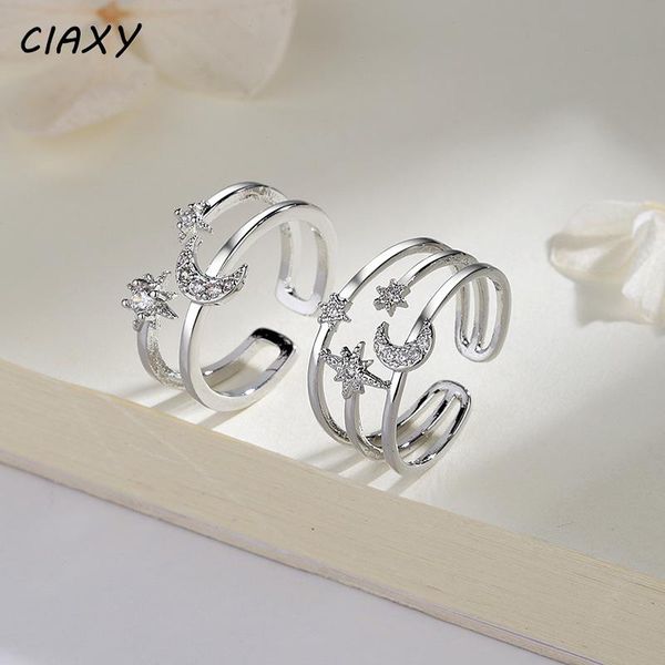 

cluster rings ciaxy 925 sterling silve star moon knuckle finger adjustable opening ring female multi-layer design crystal jewelry, Golden;silver