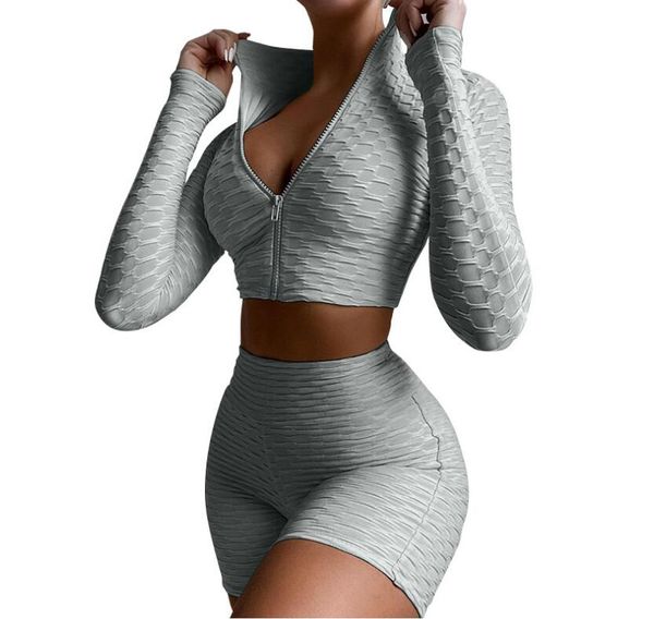 

2022 european and american women's two piece sets yoga wear fitness solid color long-sleeved leisure sports suit tights, White