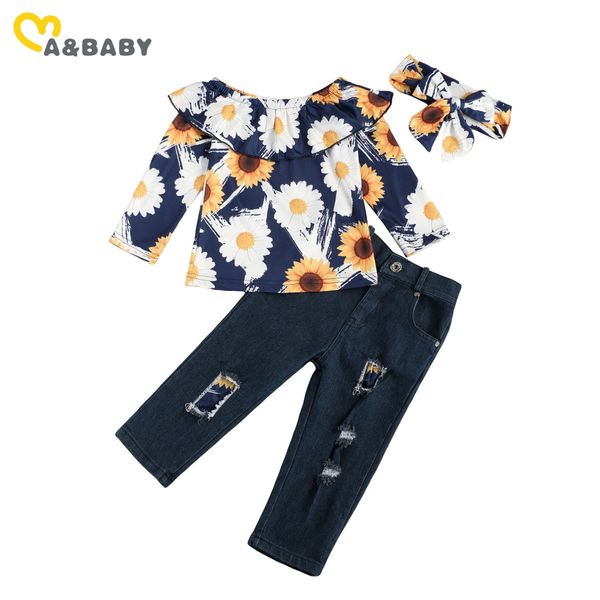 1-6Y Frühling Herbst Kinder Kind Mädchen Kleidung Set Blume Rüschen Langarm Top Blau Zerrissene Jeans Denim Hosen Outfits 210515