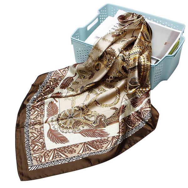

scarves square women chain print sunscreen silk scarf female satin long dual-use shawl beach towel, Blue;gray