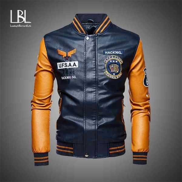 Jaqueta de couro Bomber Homens Baseball Jackets Biker Pu Coat Faux Piloto Varsity Fleece College Top Black Slim Fit Motocicleta 210811