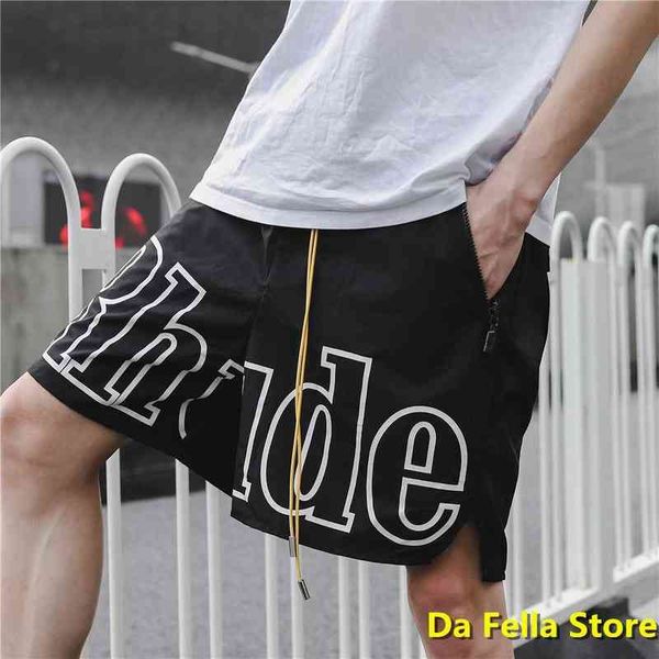 

men's shorts pants rhude mannen vrouwen grote letter 2022 zomer casual oversize breechcloth geel trekkoord pil rits hoofd 220301, White;black