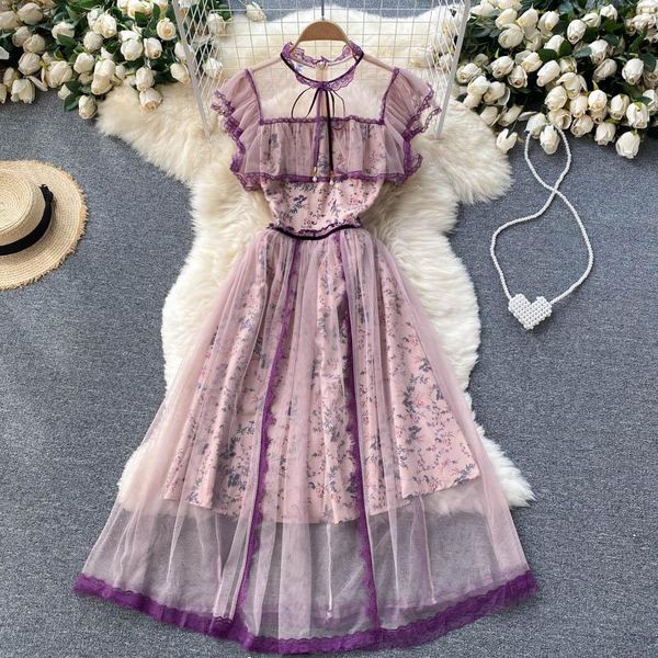 

party dresses banulin 2021 runway summer midi dress women ruffles short sleeve gorgeous flower splicing mesh elegant n6a310, White;black