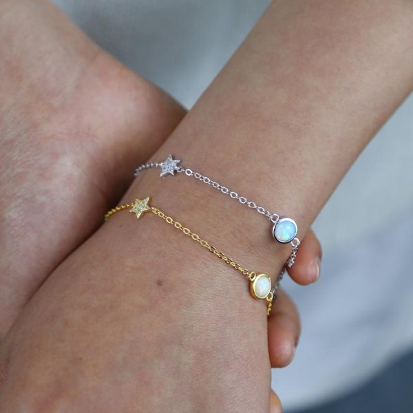 

arrived single row shiny star opal charm bracelet pave bling 5a cz link chain bangle for women simple chic bracelets jewelry, Golden;silver
