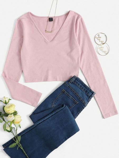 

solid v neck crop tee x9a5#, White