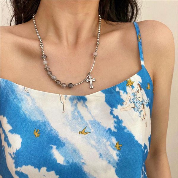 

pendant necklaces minar personality stainless steel painted beaded choker necklace for women metal cross asymmetric punk jewelry, Silver