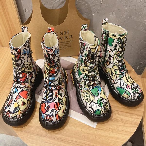 

boots motorcycle women's fashion soft leather platform cartoon pattern woman botas lace-up zipper female heighten shoes, Black