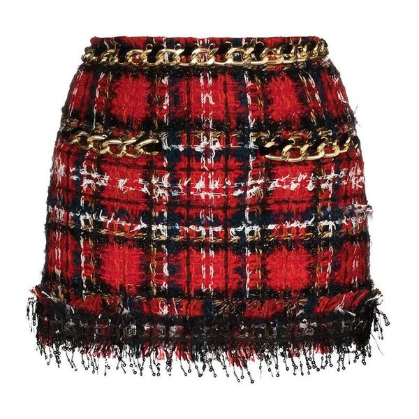 

skirts red plaid tweed skirt spring autumn 2021 chain tassel designer gold lion button pencil mini women's high quality, Black