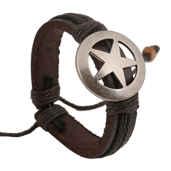 

fashion round star genuine leather bracelets handmade brown hemp rope braided cowhide bangles for women men jewelry findings, Golden;silver