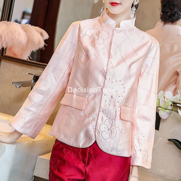 

ladies satin cheongsam blouse elegant qiapo shirts full sleeve qipao chinese vintage stand collar ethnic clothing, Red