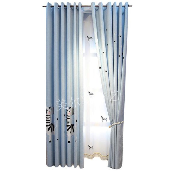 

curtain & drapes fresh blue embroidered cartoon zebra children's room cloth boy bedroom girl bay window shading customization