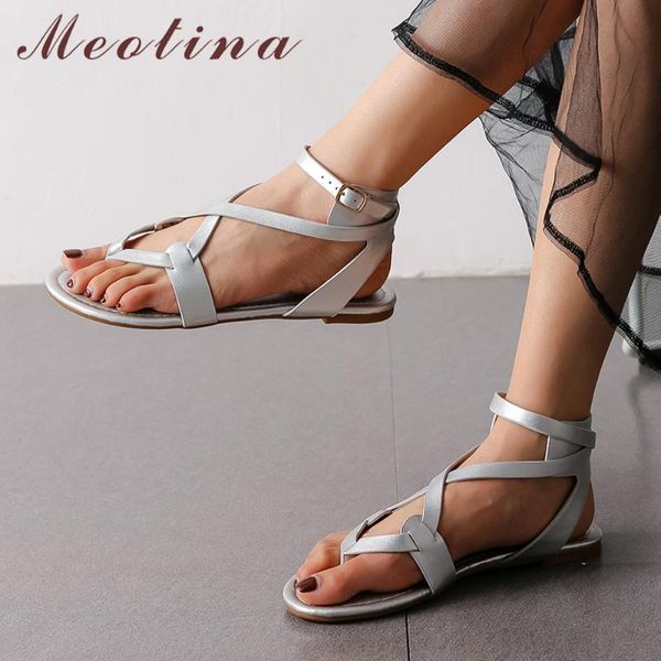 

meotina summer sandals women shoes cross-tied flat casual buckle open toe ankle strap female sliver big size 36-43, Black