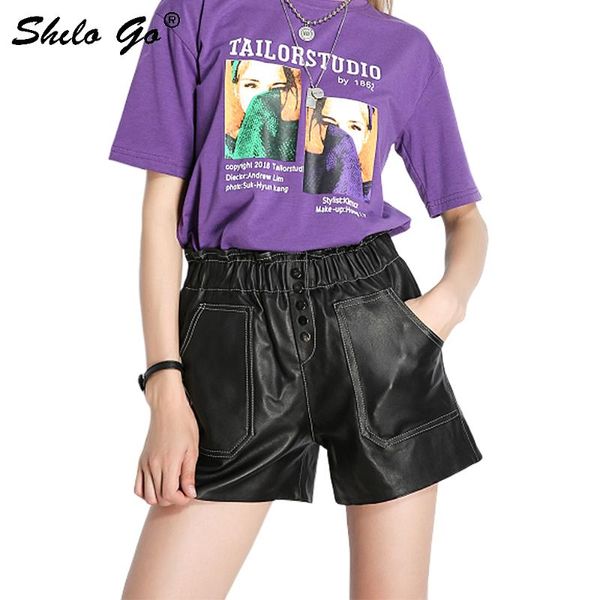 

women's shorts genuine leather casual button front elastic waist wide leg women autumn high pocket highstreet, White;black