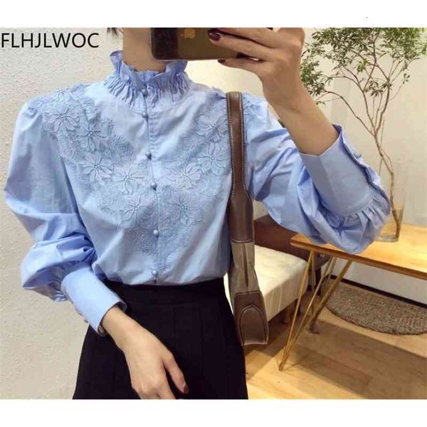 

women's knits & tees spring ruffled lace blusas korea chic fashion women solid long sleeve single breasted button shirts 5z9s, White