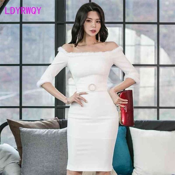 

korean autumn and winter clothing word collar strapless rabbit fur dress female bag hipa zippers office lady 210416, Black;gray