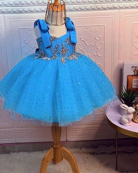 

2021 blue crystals flower girl dresses ball gown tulle backless knee length lilttle kids birthday pageant weddding gowns zj677, White;blue