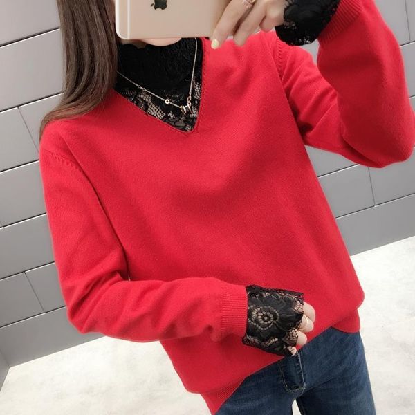 

women's sweaters lace stitching sweater 2021 autumn winter girls loose long sleeve embroidered turtleneck bottoming, White;black