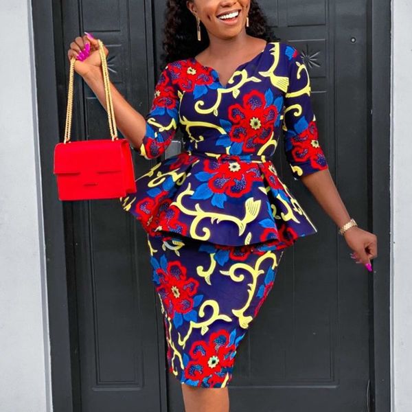

women print dress o neck bodycon floral with demountable waist belt vintage office ladies work wear elegant modest female arican 210416, Black;gray