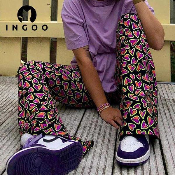 

ingoo vintage wide leg flared long pants women multicolor printed high waist bag hip trousers y2k fashion casual street outfits 211006, Black;white