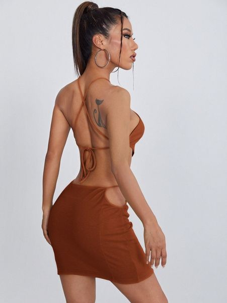 

crisscross tied backless hanky hem halter & cut out waist skirt set a1dc#, White