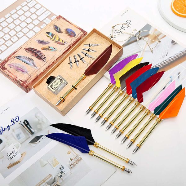 

alloy feather pen simple gold rod gift box feather dip pen