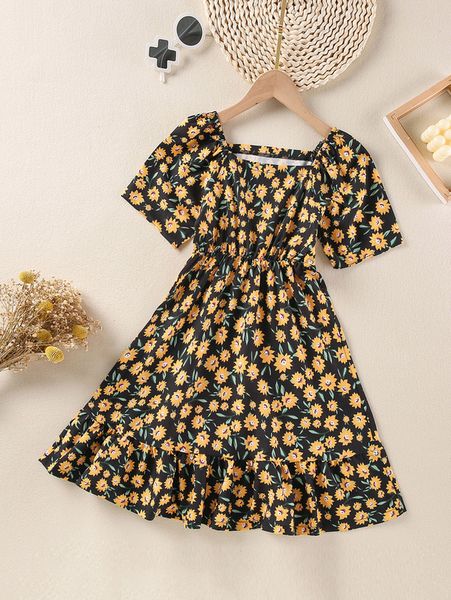 

girls allover floral print square neck ruffle hem dress she, Red;yellow