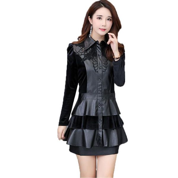 

casual dresses fashion women's dress 2021 spring autumn long sleeves ruffle gold velvet splice pu leather slim vestidos, Black;gray