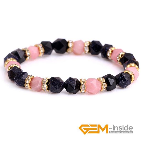 

beaded, strands 8mm 10mm faceted blue sandstone & pink opal/amazonite/yellow tiger eye quartzs gem stone bead elastic bracelet jewelry, Black