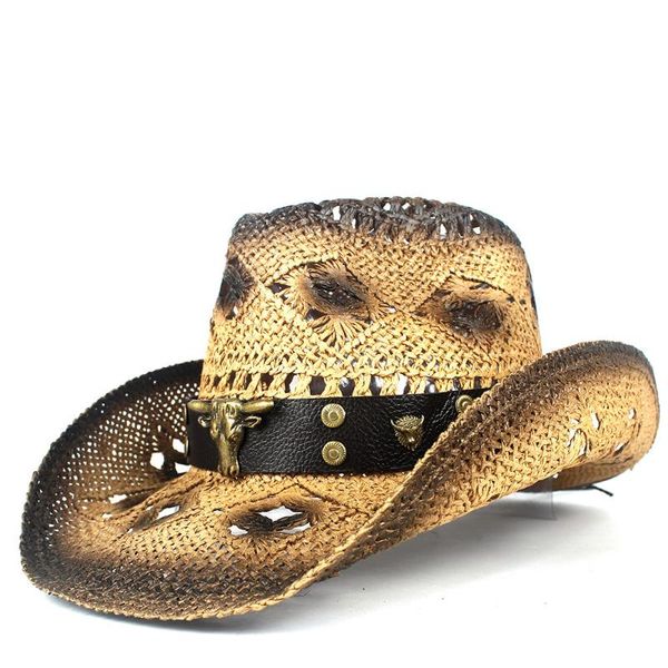 

cloches western cowboy hat 100% straw women men hollowlady leather punk brand sombrero hombre beach cowgirl jazz sun size 56-58cm, Blue;gray