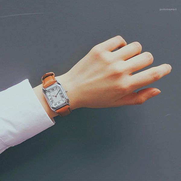 

wristwatches roma scale retro style women watches rectangle dial fashion casual female quartz drop simple leather clock, Slivery;brown