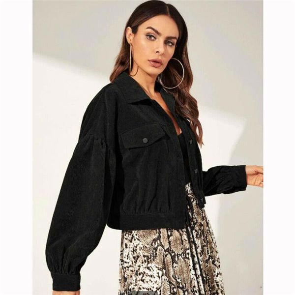 

women's jackets long sleeve women corduroy short jacket button pocket crop coat puff outwear pockets top, Black;brown
